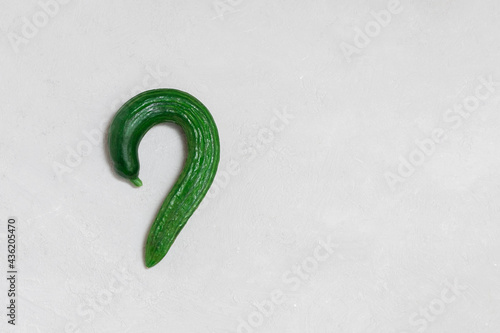 Funny ugly cucumber shapes as question mark on neutral background. Image with copy space, top view