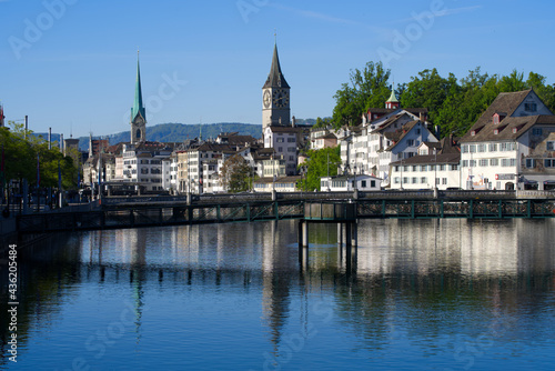 Old town of Zurich with river Limmat at morning at springtime with beautiful reflections. Photo taken May 28th, 2021, Zurich, Switzerland.