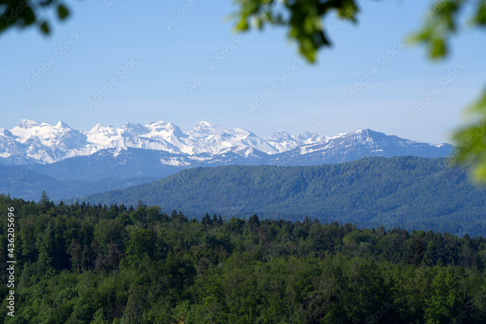 Panoramic view on Swiss alps from hill at City of Zurich at springtime. Photo taken May 28th, 2021, Zurich, Switzerland.