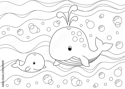 Coloring page with mother whale and baby whale swimming on the waves with bubbles, black and white elements on a white background. Vector design template for kids coloring book, poster and postcard