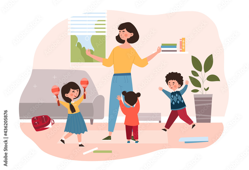Fototapeta premium Young relaxed mother is standing with three young children in living room