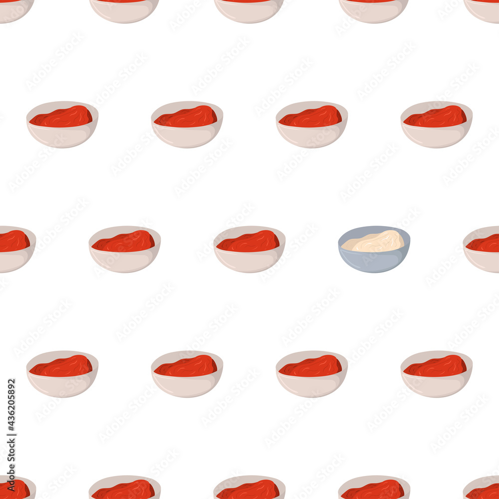 Hand drawn seamless pattern with tomato ketchup and mayonnaise in bowl for background design. Vector isolated illustration.
