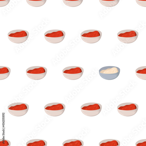 Hand drawn seamless pattern with tomato ketchup and mayonnaise in bowl for background design. Vector isolated illustration.