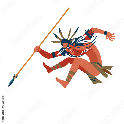 Wild american indian warrior ran to attack its prey. Unusual savage costume, jewelry, makeup combat and spear in hand. Cartoon, flat vector illustration isolated white background