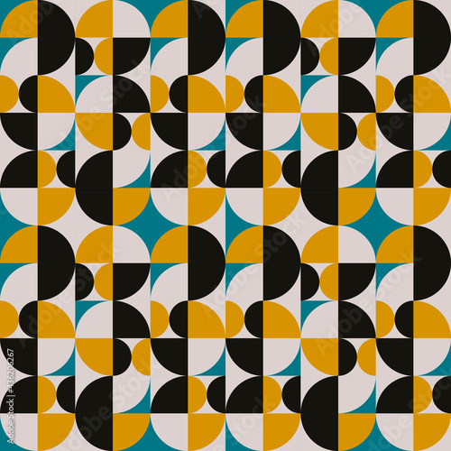 Avant-garde decorative seamless ornament. Vector yellow, black and azure colors. Same geometric decor shapes like circles. Repeated pattern and seamless abstraction. Art pattern with circles.