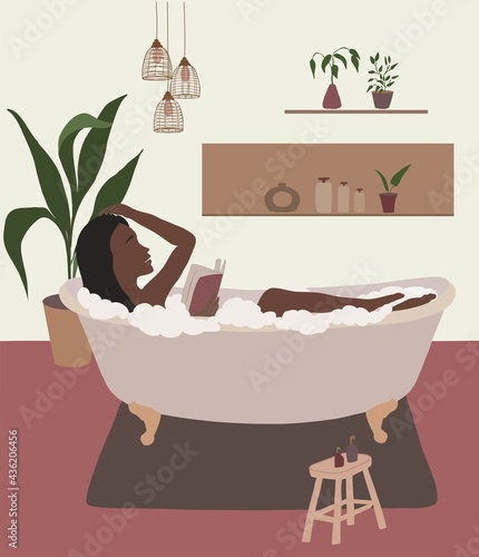 Black woman read book In bathtub wall art. African woman poster. Aesthetic boho vector illustration