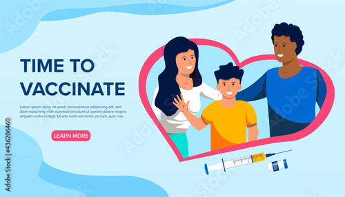 Young healthy family in a heart and syringe with vaccine below