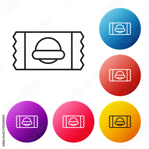 Black line Sports nutrition bodybuilding proteine power drink and food icon isolated on white background. Set icons colorful circle buttons. Vector