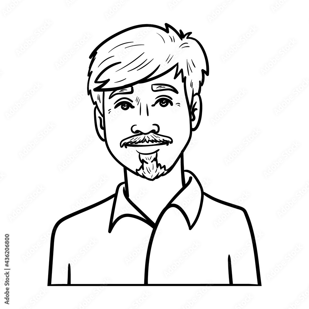 young man with shirt and beard. comic drawing, outline, monochrome. young man with shirt and beard. comic drawing, outline, monochrome.