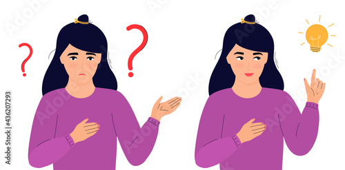 A confused woman is thinking. Girl has an idea. Correct solution. Searching for decision