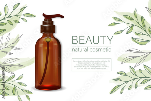 Pump bottle. Cosmetic serum pump dispenser, vector mockup, isolatedon white background. Face foundation glass packaging with plastic pump cap. Moisturizer product container blank. Essence tube