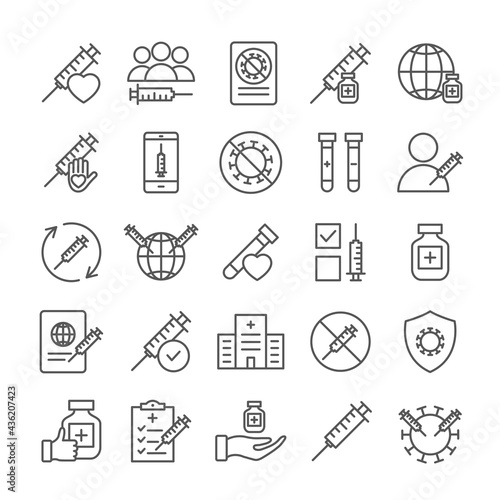 Vaccination outline symbols collection. Coronavirus protection line set icons. Stop virus concept isolated on white. Protection medical vaccine signs isolated on white.