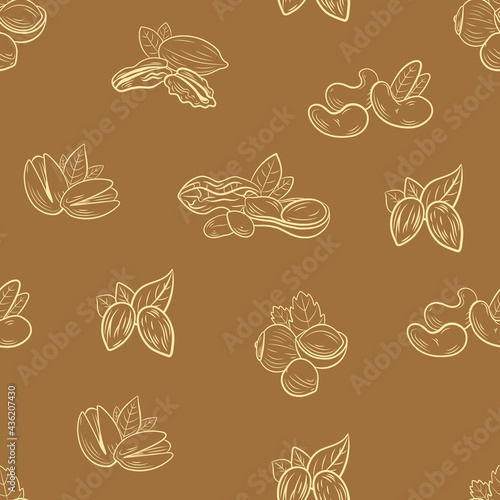 Vector seamless pattern, nuts, background template, different nuts, pistachio, hazelnut, peanut, pecan, almond, cashew, nut mix.
