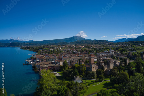 Lazise Lake Garda Italy. Panorama of the historic town of Lazise. Aerial view of the Scaliger Castle of Lazise. Top view of the historic part of the city Lazise Castle on the coastline of Lake Garda.