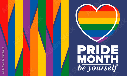LGBTQIA Pride Month in June. Lesbian Gay Bisexual Transgender. Celebrated annual. LGBT flag. Rainbow love concept. Human rights and tolerance. Poster, card, banner and background. Vector illustration