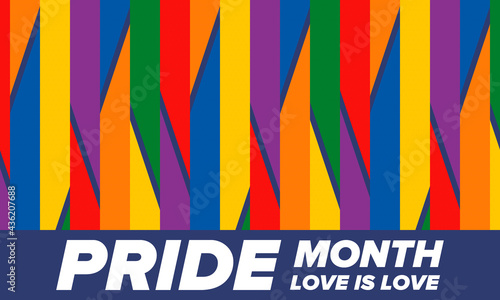 LGBTQIA Pride Month in June. Lesbian Gay Bisexual Transgender. Celebrated annual. LGBT flag. Rainbow love concept. Human rights and tolerance. Poster, card, banner and background. Vector illustration