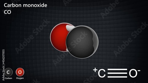 Carbon monoxide (Carbonic oxide, Carbon oxide, Water gas, Flue gas, Hydrocarbonate). Formula CO. 3D render. Seamless loop. Chemical structure model: Ball and Stick.