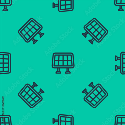 Blue line Solar energy panel icon isolated seamless pattern on green background. Vector