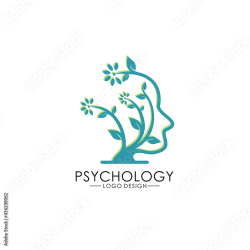 Vector logo, symbol of head and leaves, brain growth or development, progress of the mind in the world of psychiatrists