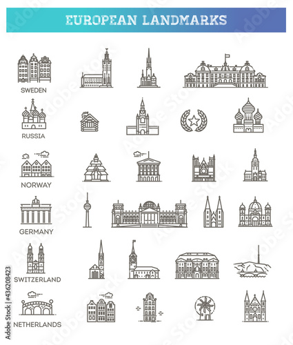 Simple linear Vector icon set representing global tourist european landmarks and travel destinations for vacations.