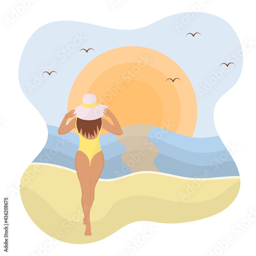 Back view of girl in swimsuit standing on beach opposite sunset. Summer vacations. Beautiful sexy girl in bikini and hat. Summer vector poster in retro style.