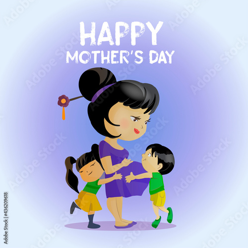 Happy Mother`s Day Greeting Card. Cute cartoon illustration of mother with two kids. Asian mom with little Son and daughter