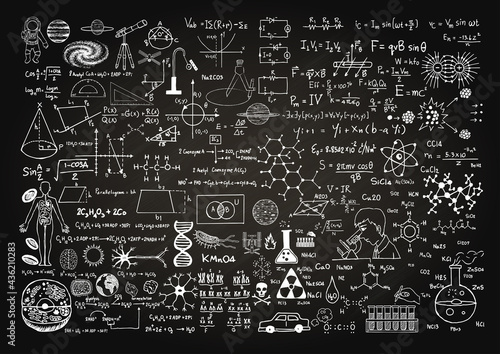 Hand drawn science formulas on chalkboard for background.