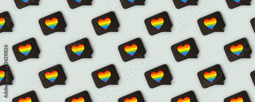 Happy Pride month banner for lgbt rights or social issues event. Colorful rainbow heart in black social media interaction cloud, symbol for homosexual love, marriage, partnership sex, seamless pattern