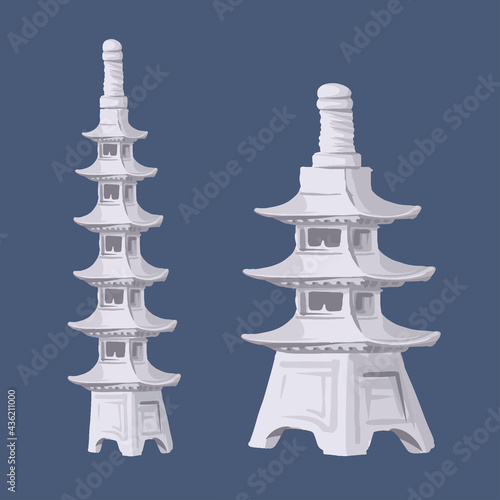 Ancient japan culture objects set with garden stone decorative pagoda isolated vector illustration. Japan vector set collection