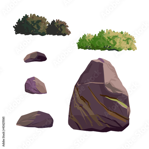 Ancient japan culture objects set with garden decorative stone and bush isolated vector illustration. Japan vector set collection