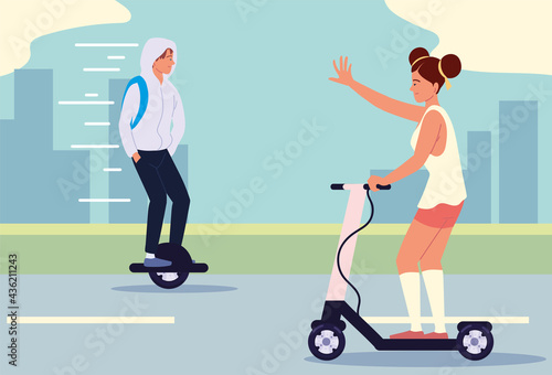 man woman riding electric scooter