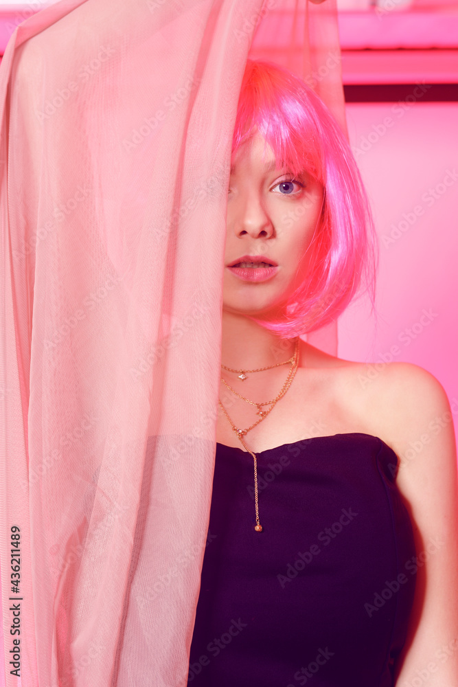 Girl with pink hair, brown hair. Model in a pink long dress, flying dress,  fabric. Pink makeup, style, fashion . Anime girl Stock Photo | Adobe Stock