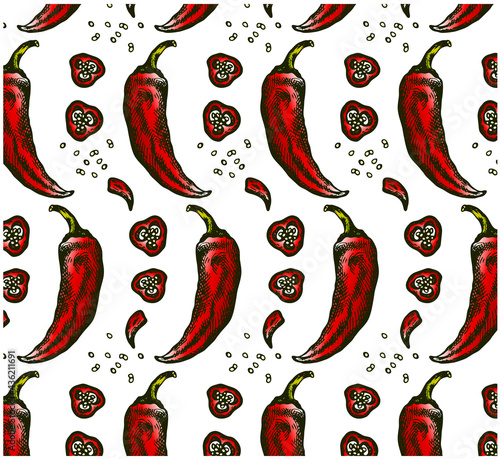 Sketch drawing pattern of mexican red chile pepper with seeds isolated on white background. Outline drawing colorful jalapeño chillies, spice, cayenne pepper. Spicy food wallpaper. Vector illustration