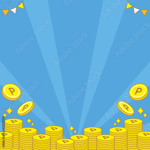 かわいいポイントコインの背景　青　正方形　point coin background pretty