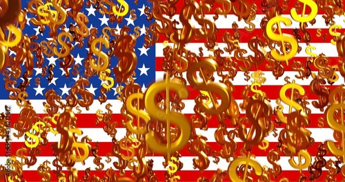 Many 3d dollar symbol, gold color, drop, on USA flag background.