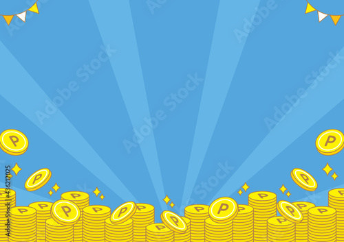 かわいいポイントコインの背景　青　横　point coin background pretty