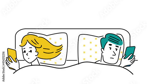 一緒にベットに寝る冷めたカップルのイラスト素材