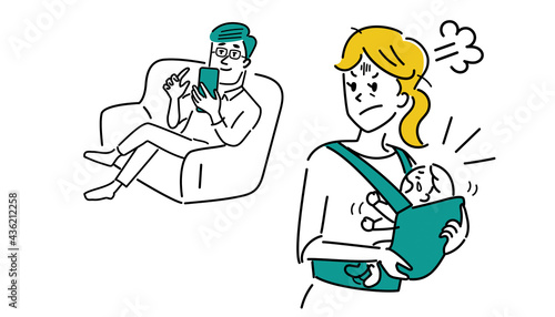 育児に無関心な夫と泣く子供を抱く妻のイラスト素材