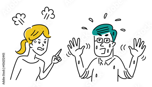 怒っている女性と責められている男性のイラスト素材