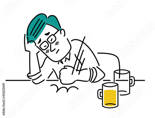 やけ酒を飲んで、テーブルを叩く男性のイラスト素材