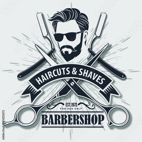 Barbershop logo, poster or banner template with Bearded men. Vector illustration	