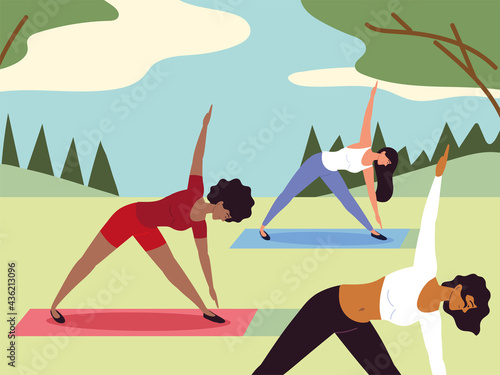 women making yoga in park