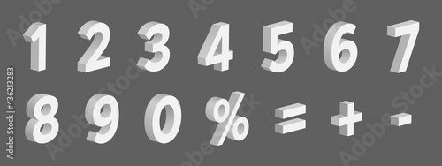 White 3D Numbers with Signs Percent, Plus, Minus, Equality, on Gray Background. Vector Illustration