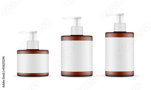 Amber Pump Bottles Mockups with Labels Isolated on White Background. Vector illustration
