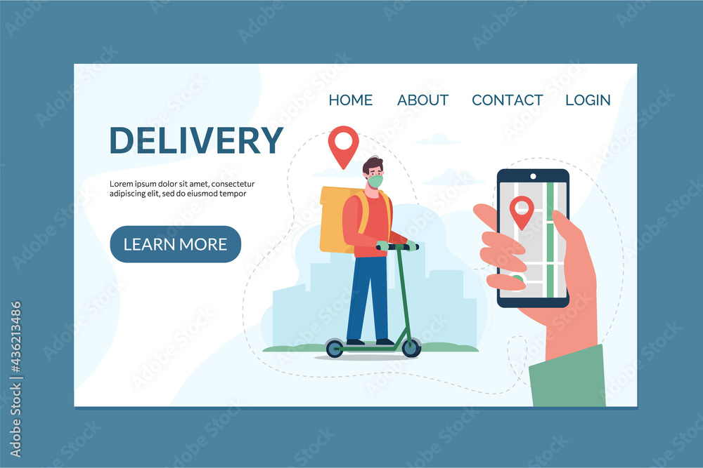 Contactless safe delivery service concept and application for tracking online orders, home delivery. Courier on an electric scooter, wearing a medical mask, gloves. Website template with flat vector. Contactless safe delivery service concept and application for tracking online orders, home delivery. Courier on an electric scooter, wearing a medical mask, gloves. Website template with flat vector.