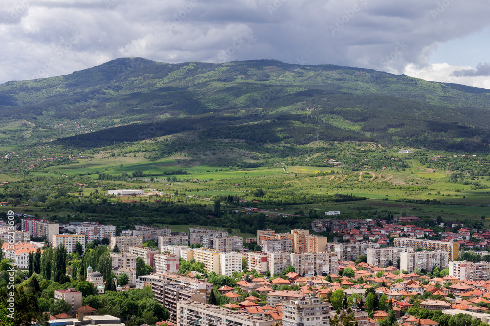 City view from above, landscape, small city and mountain