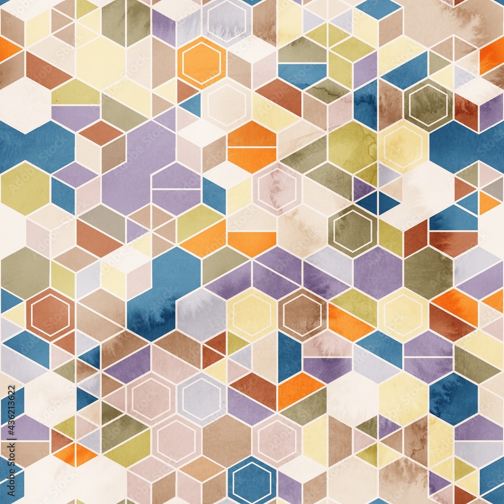 Seamless pattern of hexagons in random colors in watercolor. High quality illustration. Tile mosaic arrangement of triangles, trapezoids, and hexagons, in honeycomb arrangement. Design for print. Seamless pattern of hexagons in random colors in watercolor. High quality illustration. Tile mosaic arrangement of triangles, trapezoids, and hexagons, in honeycomb arrangement. Design for print.