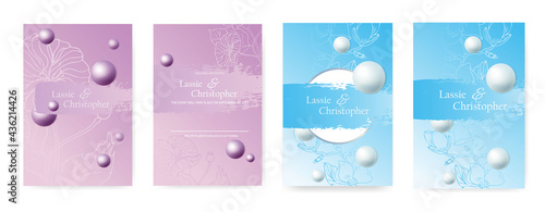 A set of wedding invitations with floral elements. Invitation cards or postcards decorated with voluminous balloons. Ready-made layout with space for your text. EPS10