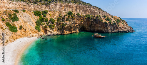 Panoramic tropical sea, cove and beach landscape from Kas, Antalya, Turkey. Holiday, travel and tourism concept. Finike - Demre way. photo