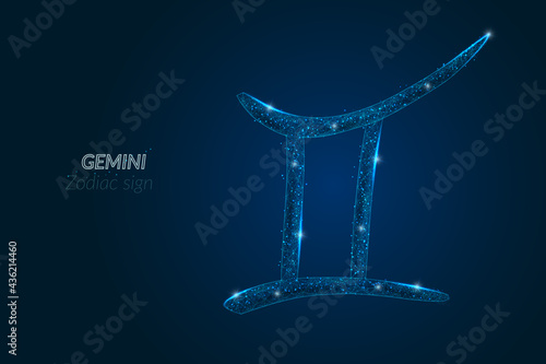 Abstract futuristic image of gemini zodiac sign. Astrological horoscope characteristic. Polygonal vector illustration looks like stars in the blask night sky in spase. Digital low poly design.